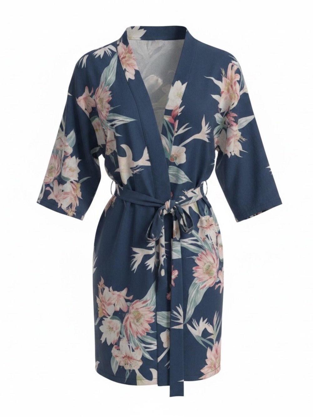 Flora Nikrooz Navy Floral Kimono Robe with Pink Accents M
